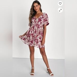 ❤️ NWOT! LULU'S READY TO ADORE RED FLORAL PRINT CLIP DOT BABYDOLL MINI DRESS, M
